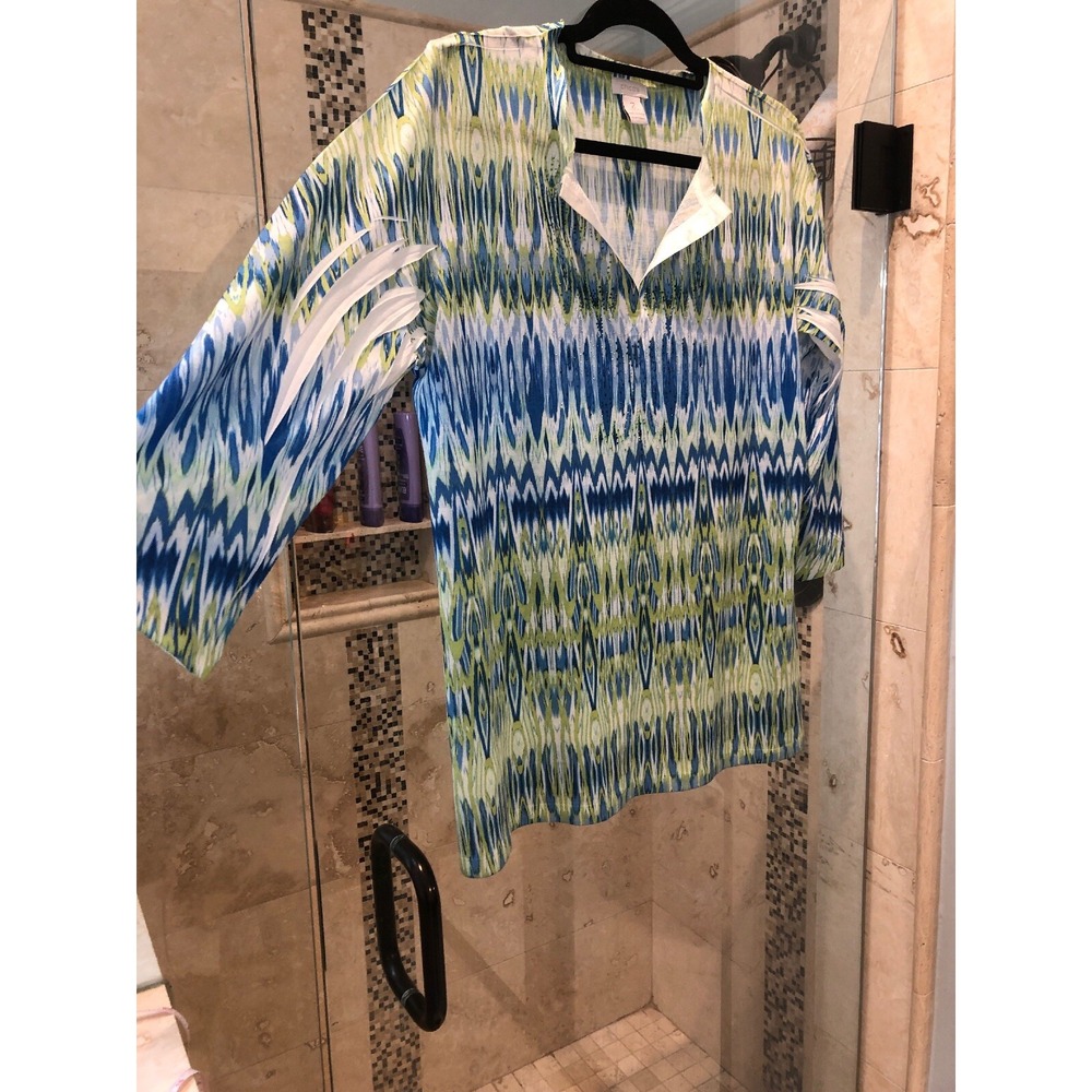 Chicos Blue Green Ikat Crystal Embellished Blouse Top Womens Size 2 Large L